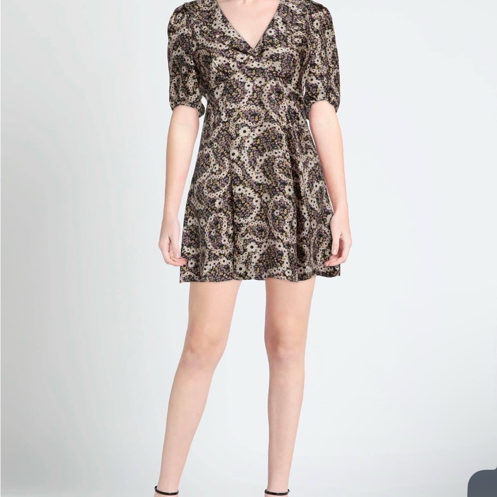 Floral Patterned Brown Silk Dress